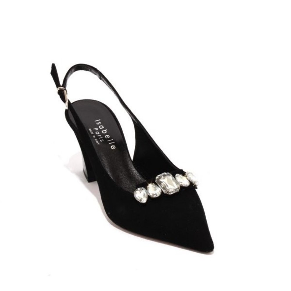 ITALIAN Black Suede Crystals Slingback Pointy Pump